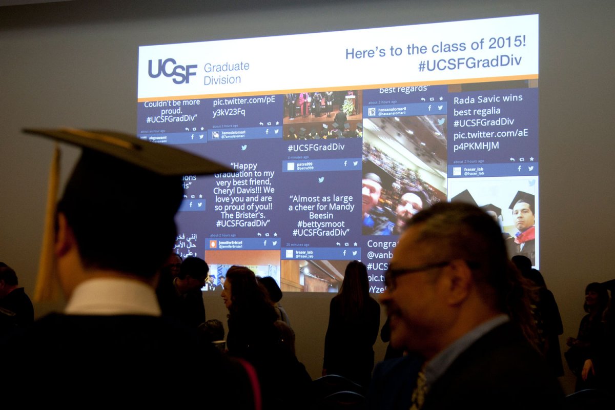 During the post-ceremony reception, friends and family of Graduate Division students could send live congratulations to a social media wall.