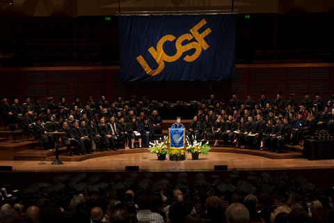 UCSF School of Pharmacy Dean Mary Anne Koda-Kimble gives welcoming remarks to graduates in her final address before retiring as dean at the end of June.