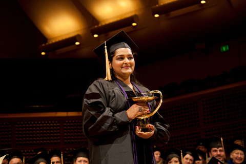 UCSF School of Pharmacy student Shaily Arora receives the Bowl of Hygeia, the highest award given to a graduate at commencement.