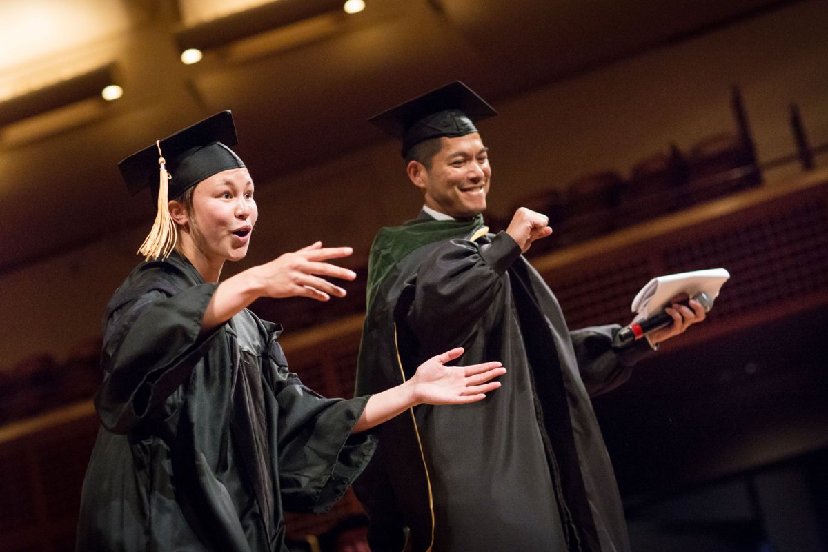 School of Medicine student speaker Dawn Maxey and keynote speaker Peter Chin-Hong, MD, rev up the crowd with a dance-off to open the commencement ceremony.