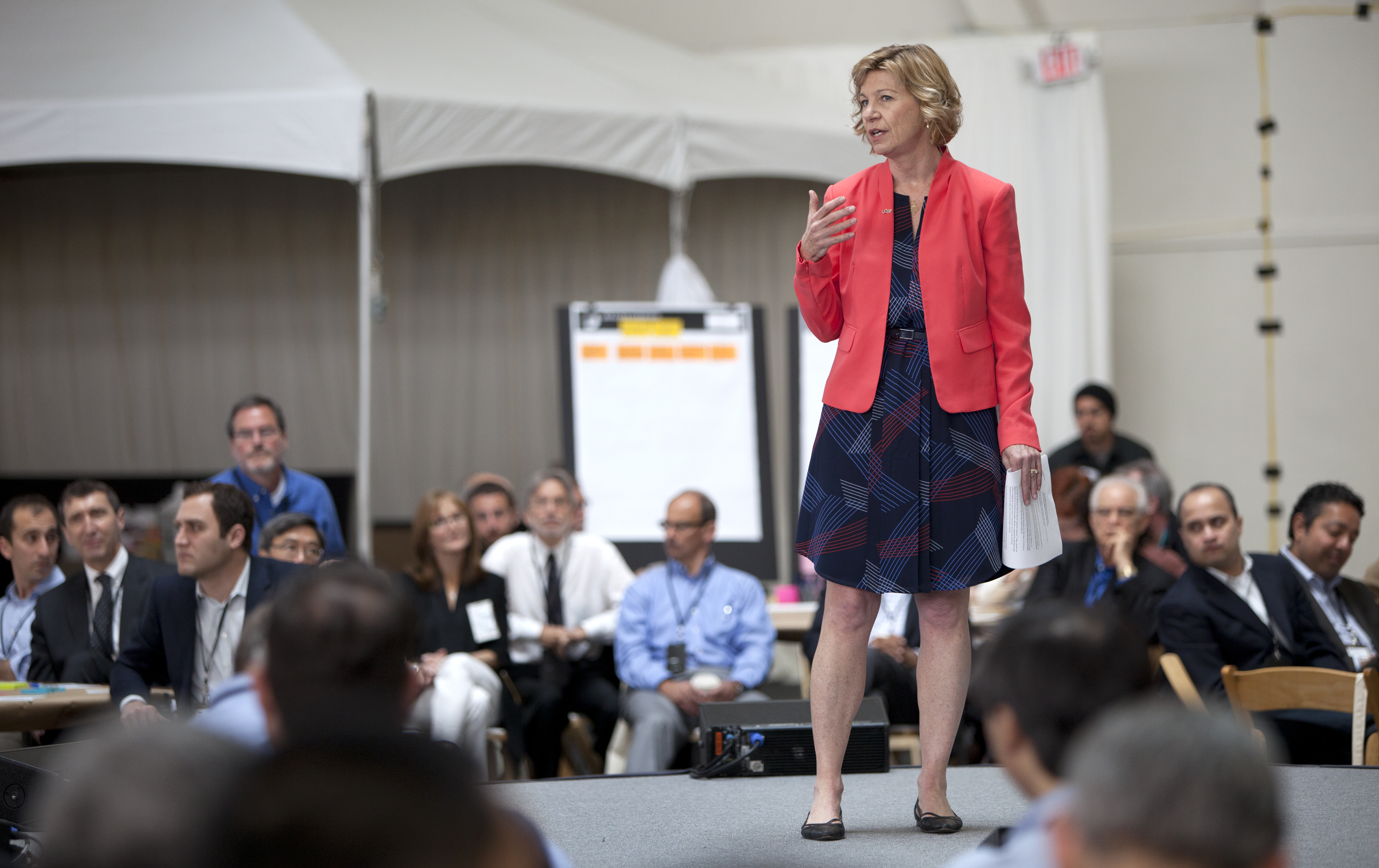 UCSF Chancellor Susan Desmond-Hellmann greets leaders from biotech, big data, business and other fields on the first day of OME 2013, which was designed to put the vision of precison medicine into action to transform health worldwide.
