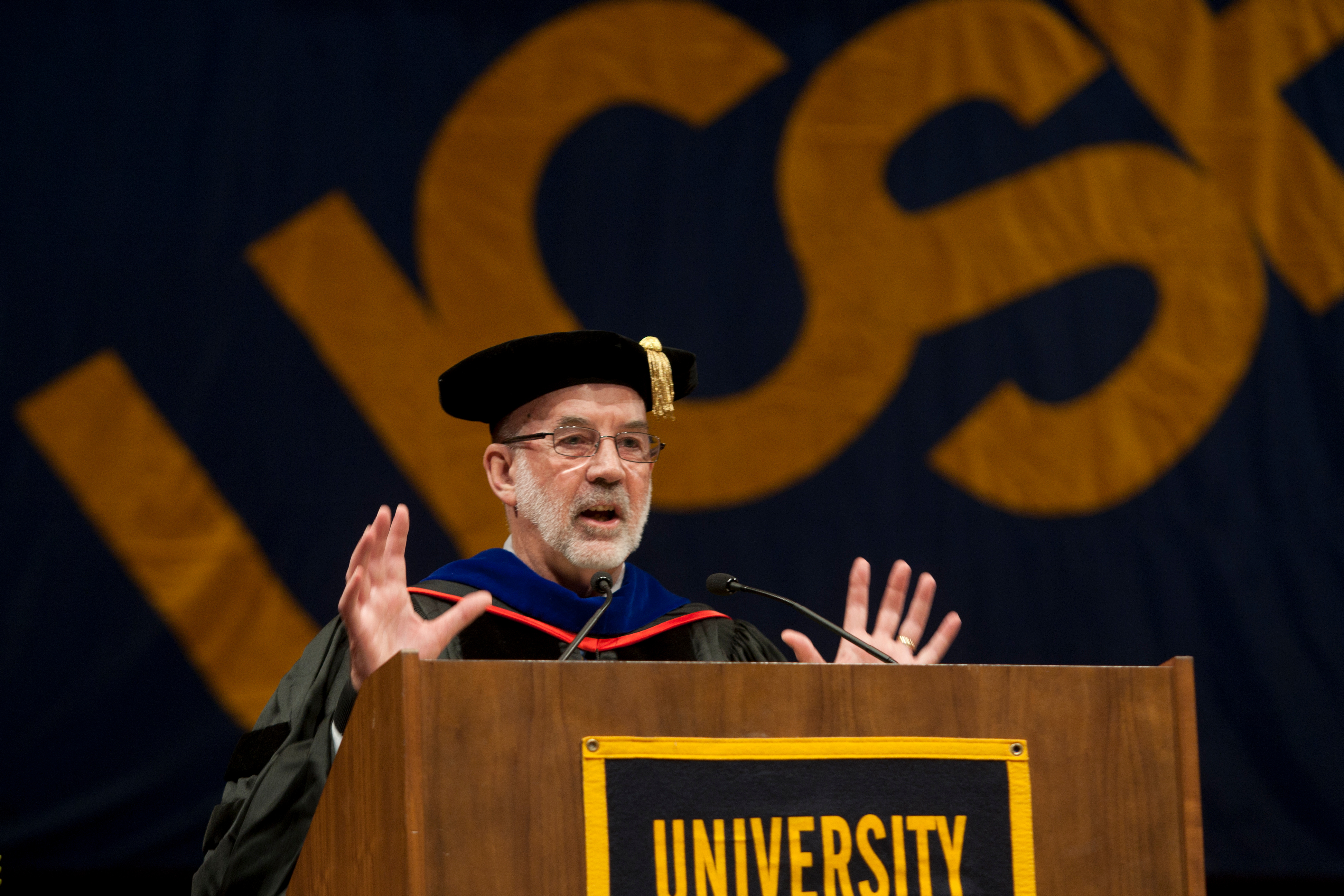 Dean John Featherstone, PhD, a professor of Preventive and Restorative Dental Sciences, delivers his address to the graduates.