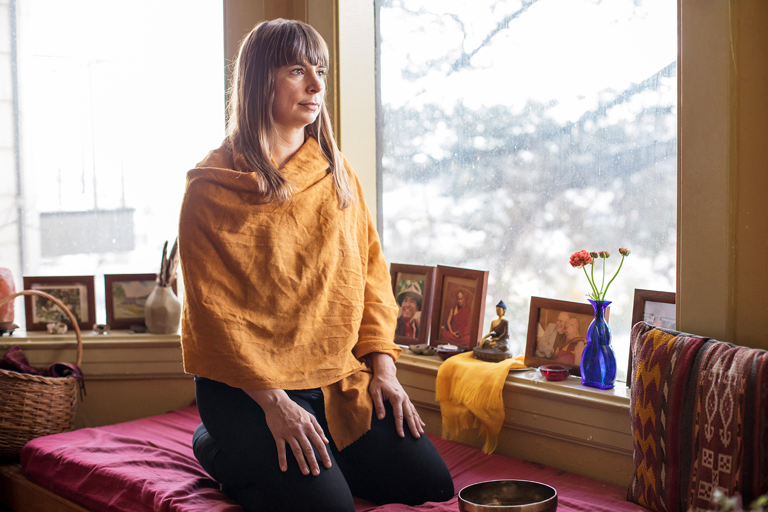 Eve Ekman sits in the meditation area of her San Francisco house