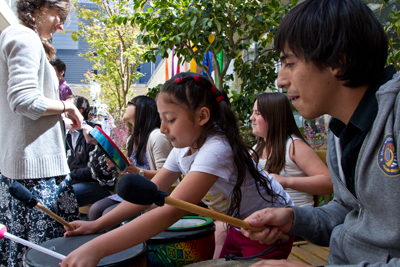Kids play drums at UCSF Benioff Children's Hospital