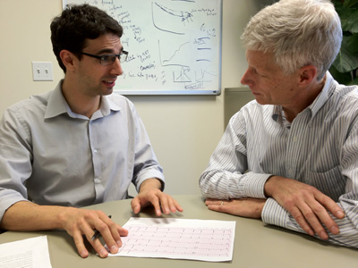 Reto Auer, left, and Douglas Bauer, discuss a patient’s EKG results at UCSF Chin