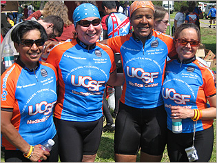 The team from the operating room at UCSF Medical Center poses for a picture soon after riding in to Los Angeles.