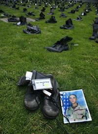 The boots of Omead Razani, a US Army medic who died in the Iraq war, was among the 400 pairs displayed at the exhibit at UCSF last Wednesday.
