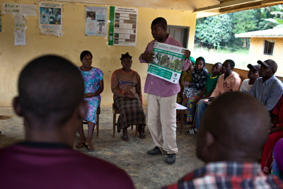 A Metabiota staff member conducting safety training in Cameroon.