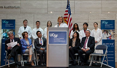 Diana Laird, an assistant professor, speaks at a news conference at UCSF Missi