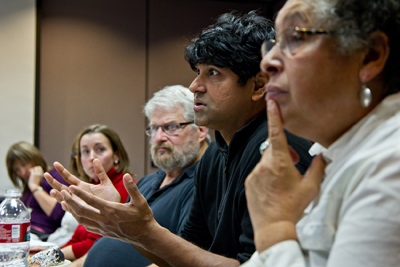 Sudeep M. Rao, PhD, talks with members of the Coordinating Council at SFGH.