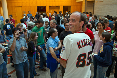 UCSF's Ronald Vale shows off his Giants shirt at his party on Tuesday