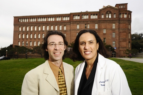 Dean Schilinger and Kirsten Bibbins-Domingo outside Zuckerberg San Francisco General Hospital in 2008