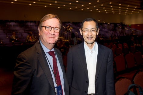 Sam Hawgood and Shinya Yamanaka stand together at the Breathrough Prize Symposium at UCSF’s Mission Bay campus