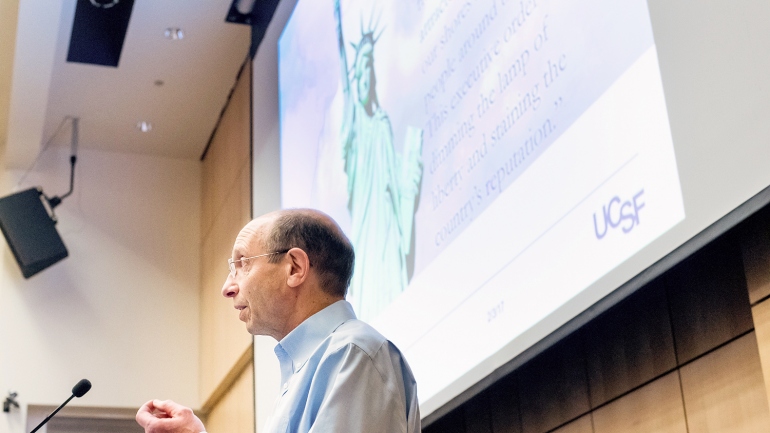 Dan Lowenstein talks during UCSF’s immigration town hall on Feb. 3