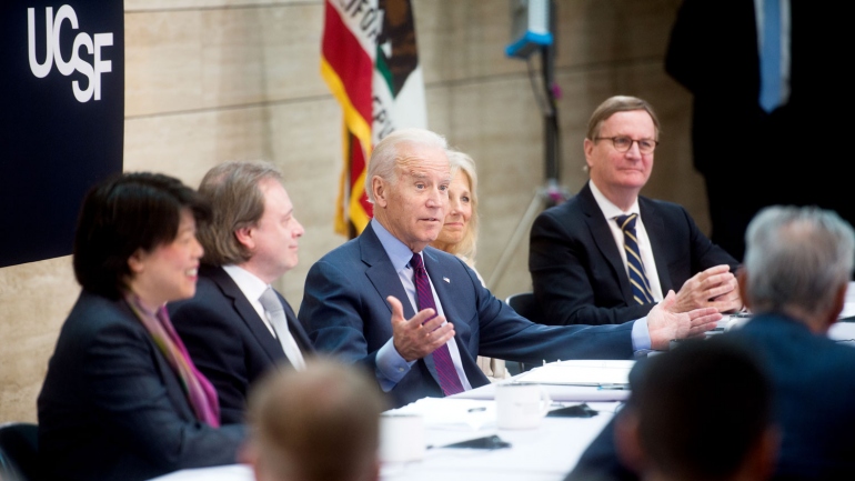 Joe Biden leading a panel on cancer research at UCSF