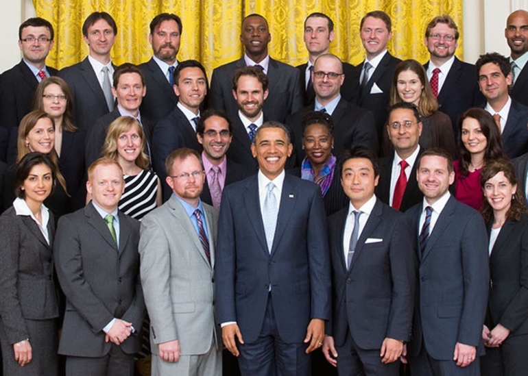 President Barack Obama poses for a photograph with the PECASE winners. UCSF's Shingo Kajimura, PhD, stands next to Obama, to his right.