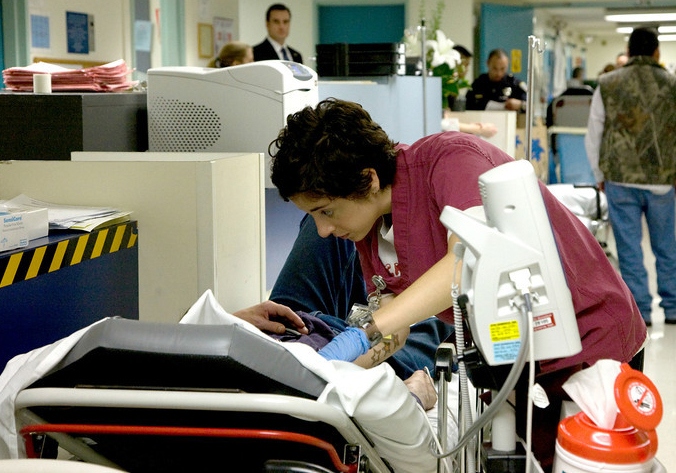 A nurse screens an incoming patient in the Emergency Department of San Francisco General Hospital and Trauma Center.