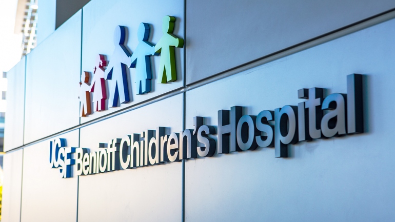 An exterior sign of UCSF Benioff Children's Hospital is shown at the Mission Bay location