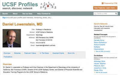Screenshot of Lowenstein's page on UCSF Profiles