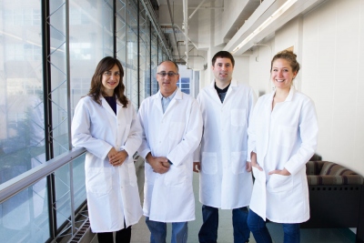 The Baraban lab team, from left: Gabriela Hortopan, postdoc fellow; Scott Baraban,PhD; Robert Hunt, postdoc fellow; and Kelly Girskis, staff research associate.