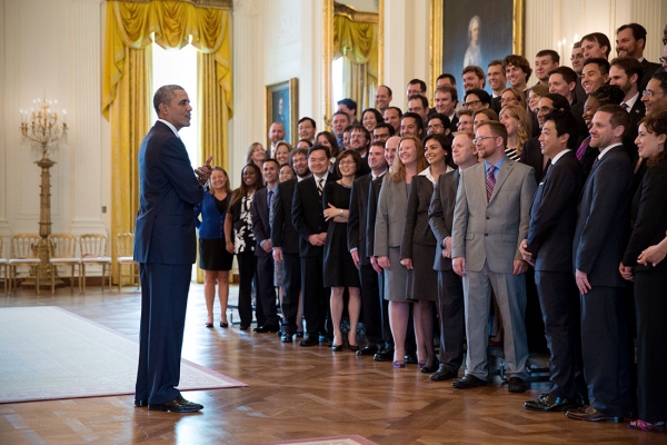 President Barack Obama talks with the Presidential Early Career Award for Scientists and Engineers (PECASE) recipients in the East Room of the White House, April 14, 2014.