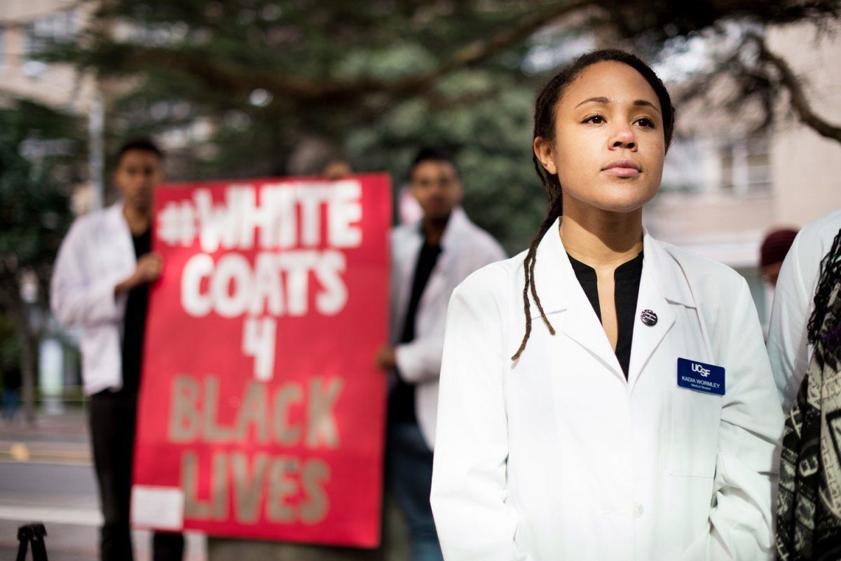 Medical student Kadia Wormley participates in the White Coats for Black Lives demonstration