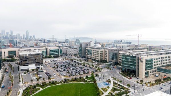 Mission Bay campus and medical center from aerial view