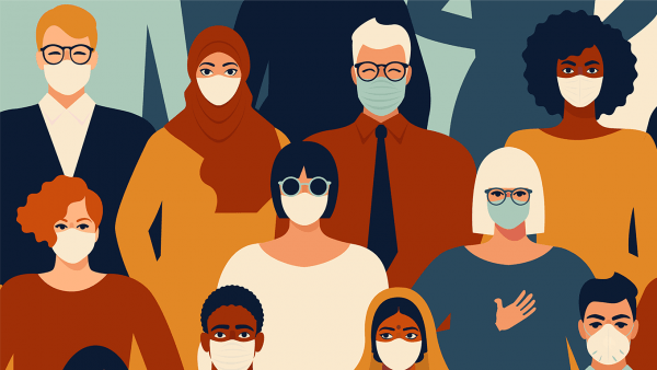 Illustration of group of people wearing face masks.