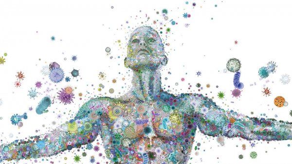 Illustration of a human made out of microbiome bacterial cells with bacteria floating all around them.