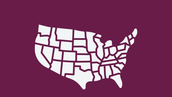 An illustrated map of the United States on a magenta background, with each state in light grey