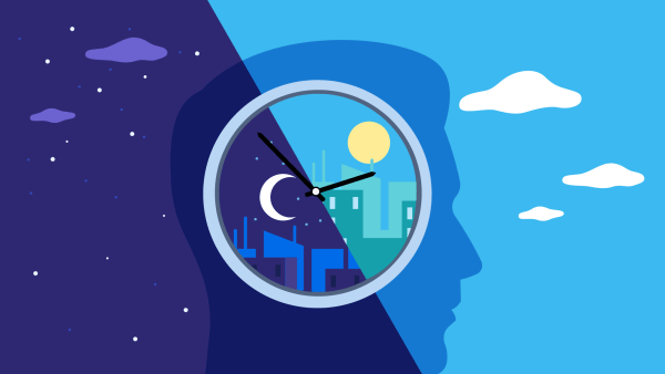 A conceptual illustration of sleep and time. A person's sillhouette is split in half to show day and night skies, overlaid by a clock that is also split to show day and night skies.