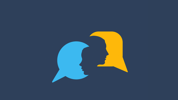 An illustration of a silhouette of a man and woman head with speech bubbles, indicating different thoughts and words amongst people.