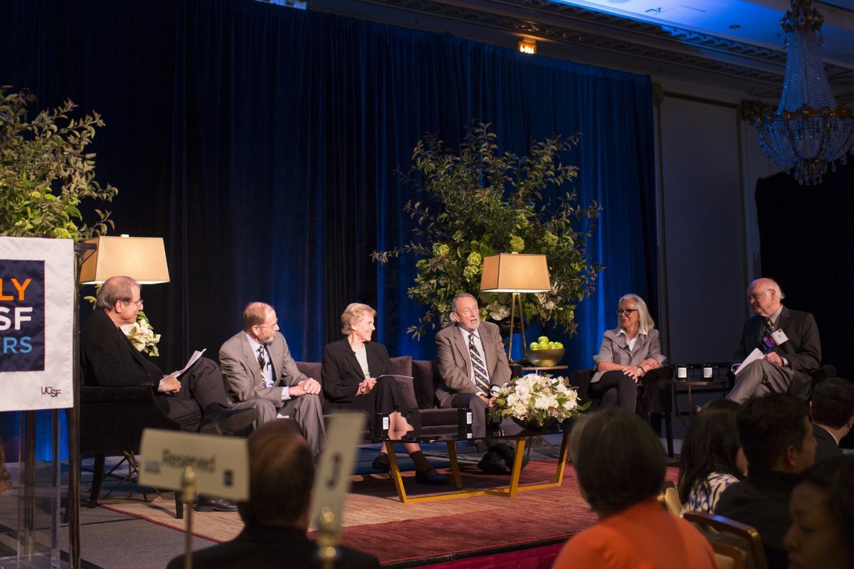 Michael Krasny, PhD, host of KQED's award-winning "Forum" (far left), moderates a discussion at the Chancellor's 150th Anniversary Breakfast with (from left) Troy Daniels, DDS; Marilyn Flood, RN, PhD; Henry Bourne, MD; Nancy Ascher, MD, PhD; and Robert Day, PharmD.