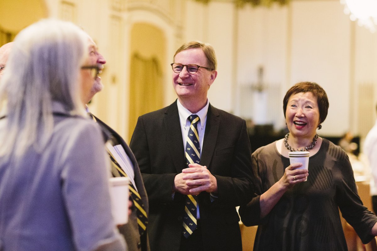 Interim Chancellor Sam Hawgood, MBBS, shares a laugh with Department of Surgery Chair Nancy Ascher, MD, PhD, (left) and retired Dean of the School of Pharmacy Mary-Anne Koda-Kimble, PharmD (Emeritus Faculty, Pharmacy '69), at the Chancellor's 150th Anniversary Breakfast.