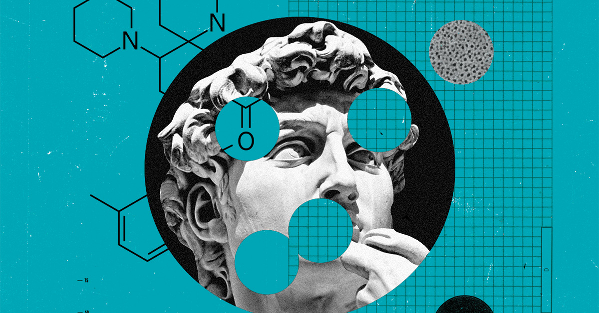Photo illustration of Michelangelo's David cut out with microscopic cell imagery, molecule formations, and grids.