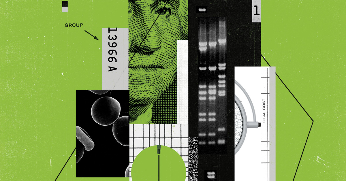 Conceptual photo illustration of cut-outs of George Washington on the dollar bill, cells, hypodermic needs, grids, lines, boxes, number, and pills.