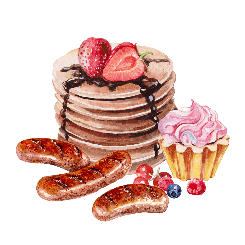 Watercolor illustration of sausages, a stack of pancakes topped with strawberries and syrup, a cupcake with pink frosting, and some raspberries and blueberries.