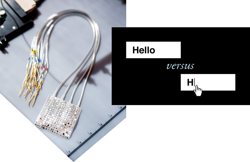 An example of neuroprosthesis with wires sticking out of its end next to the words hello vs h with a blinking cursor