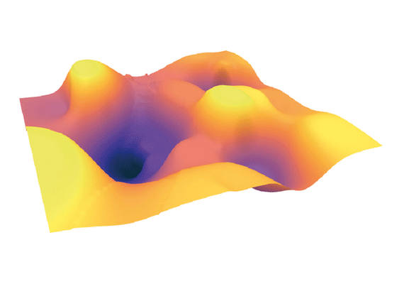 A graphic rendering of a brain’s landscape that measures connections between areas of the brain that affect thought patterns. In this rendering of a brain with depression, high peaks are in yellow, with deeper spaces in purple.