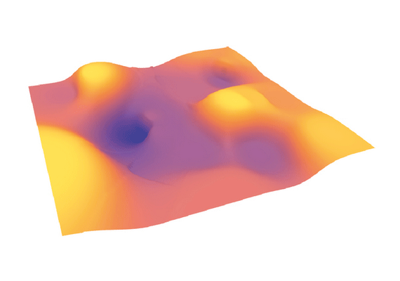 A graphic rendering of a brain’s landscape that measures connections between areas of the brain that affect thought patterns. Higher peaks are in yellow, with deeper spaces in purple. In this rendering, there are few higher yellow peaks at the edge, and a more even purple area in the center.