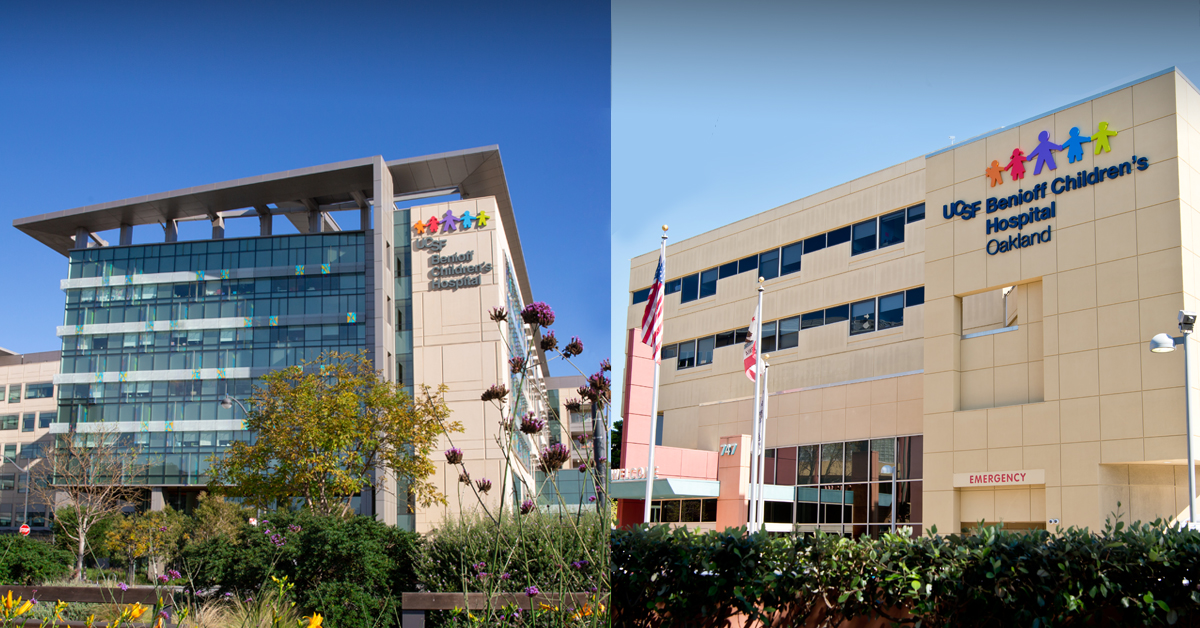 split image of exterior of UCSF Benioff Children's hospitals San Francisco and Oaklan