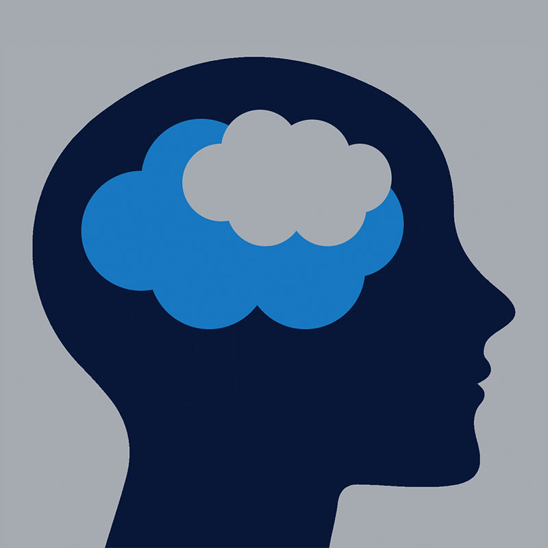 An illustration of a silhouetted profile of a head with clouds, signaling depression