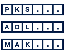 Three protein sequences shown by three rows of six blocks. The first row reads PKS, the second reads ADL, and the third reads MAK. All rows are followed by three dots, indicating a continuing protein sequence