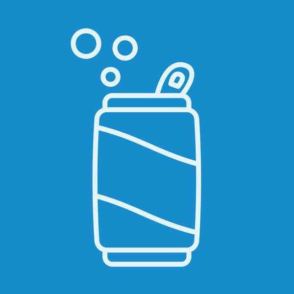 An illustration of a blue soda can with bubbles coming out of the top.