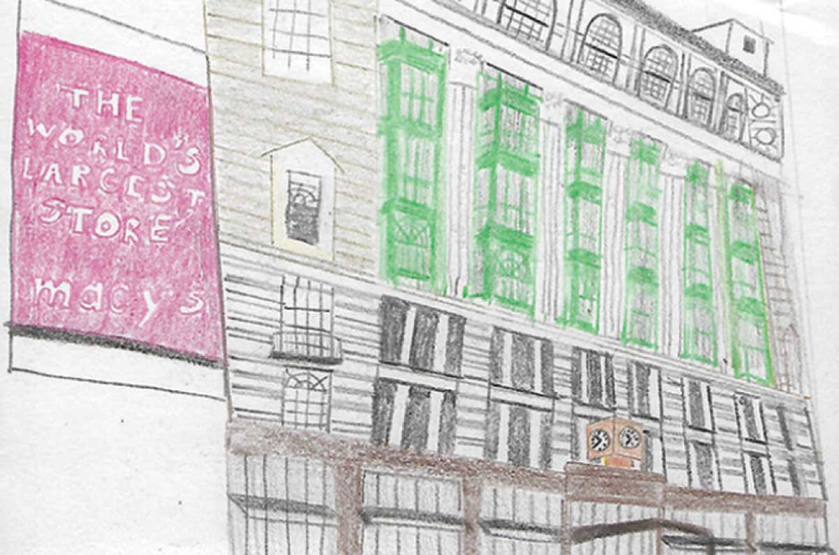A drawing of the original Macy's building. The drawing is made with penicl and color pencil. A sign reads "The World's Largest Store, Macy's."