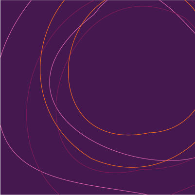 A square graphic illustration of a deep purple background with pink and orange lines in concentric circles.