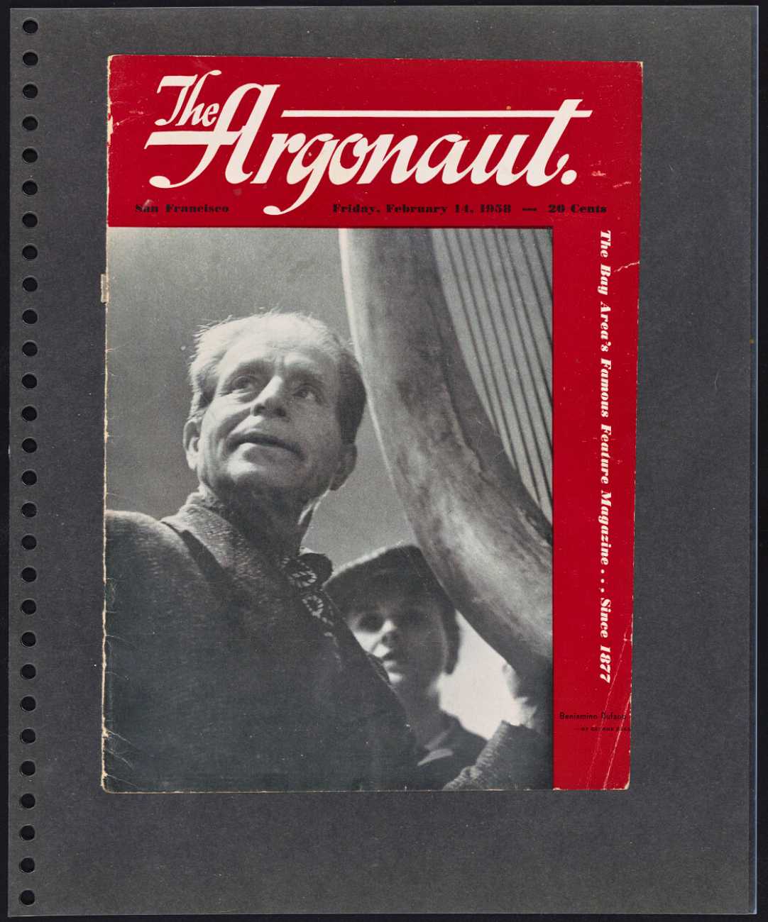 front cover of The Argonaut in 1958 shows artist, Bufano and his wife