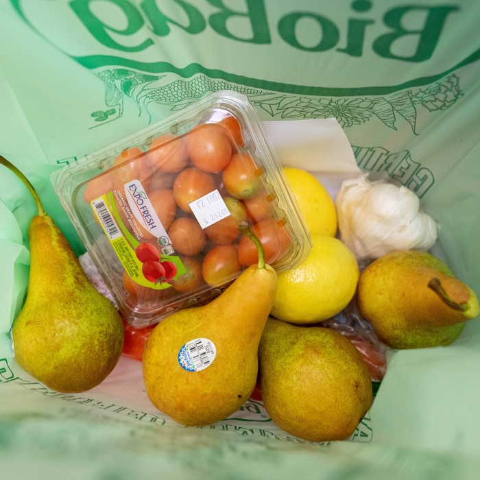 A plastic bag is filled with pears, tomatoes, lemons, and a head of garlic.