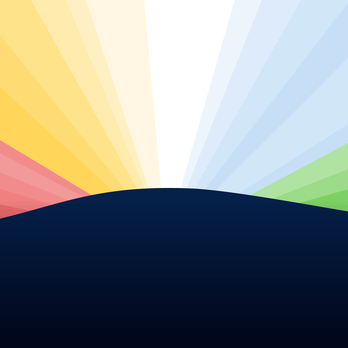 A graphical illustration of a navy blue wave with red, yellow, white, blue, and green rays emanating from behind.