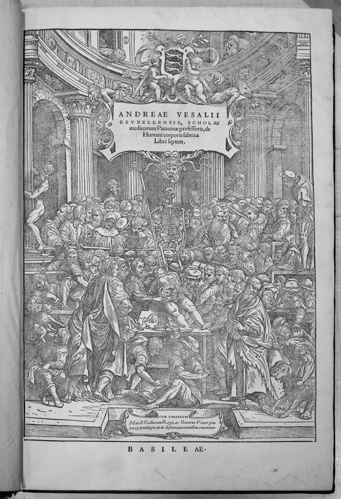The title page of 16th century De Humani Corporis Fabrica Libri Septem (On the fabric of the human body in seven books) by Andreas Vesalius, featuring a large group of people from the middle ages observing the anatomy of a human body.